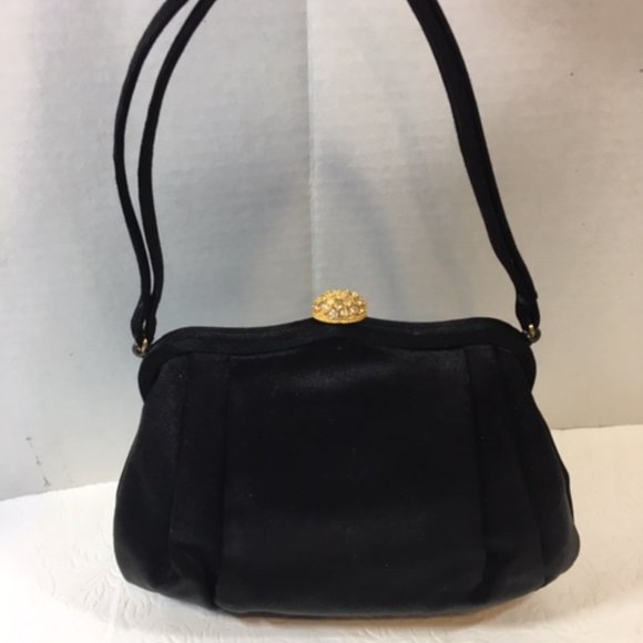 Vtg MM Morris Moskowitz Black Satin Evening Gold Rhinestone Fancy Clasp Purse - Picture 2 of 10